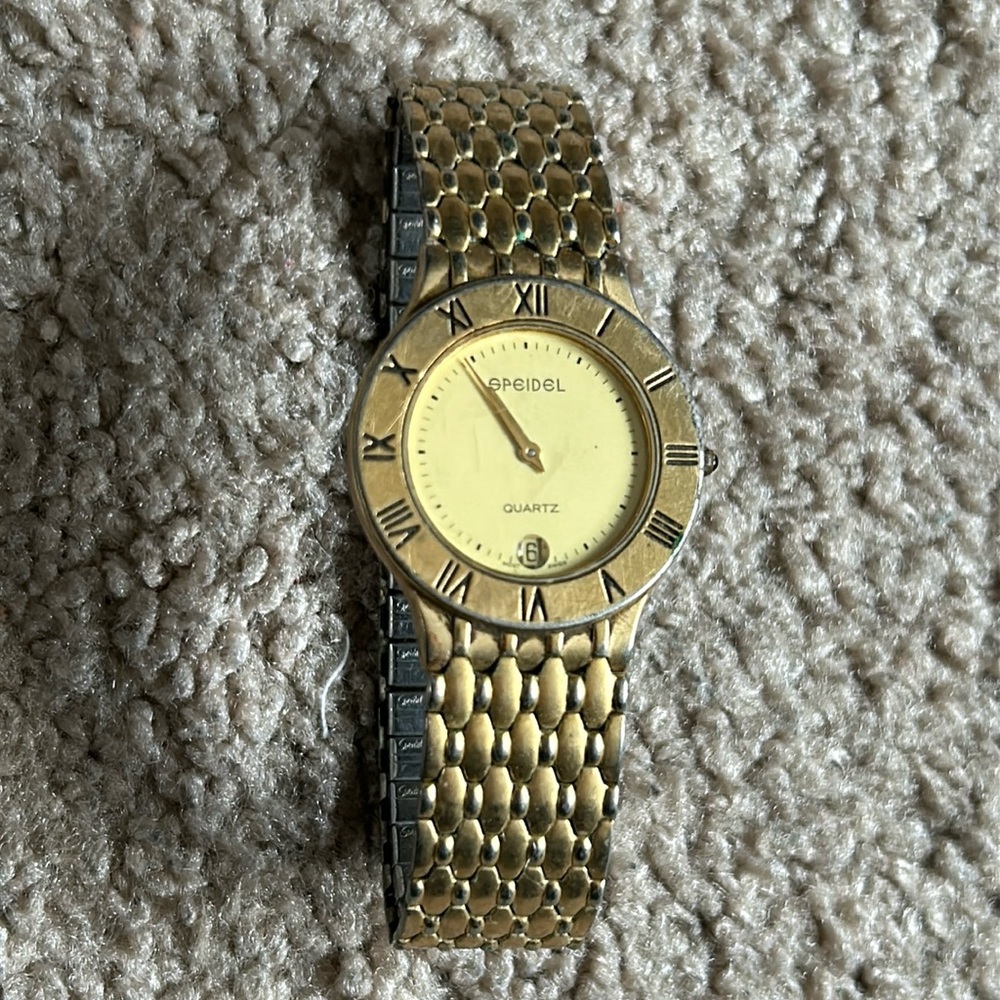 Speidel vintage‎ gold tone swiss movt bracelet OS watch measurements shown